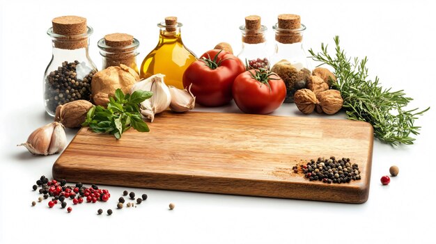 Drewniany stół z przystrojonymi składnikami kuchennymi